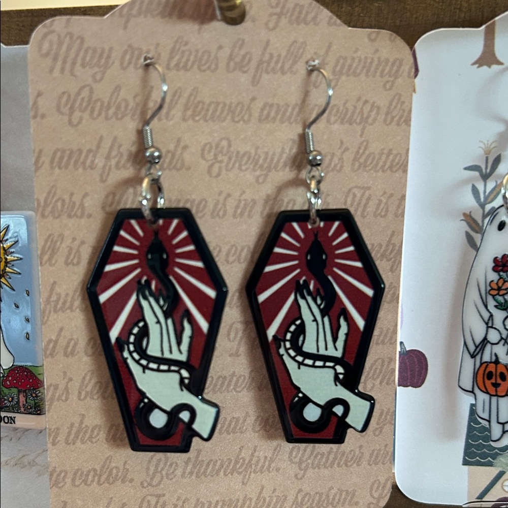 Red and Black Coffin Hand & Snake Halloween Earrings